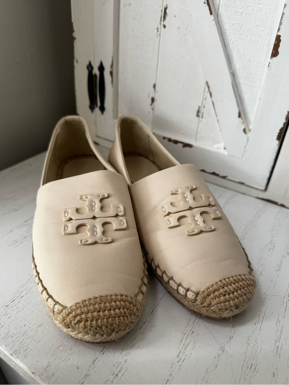 Tory Burch Cream Leather Espadrille Flats with Jute Trim